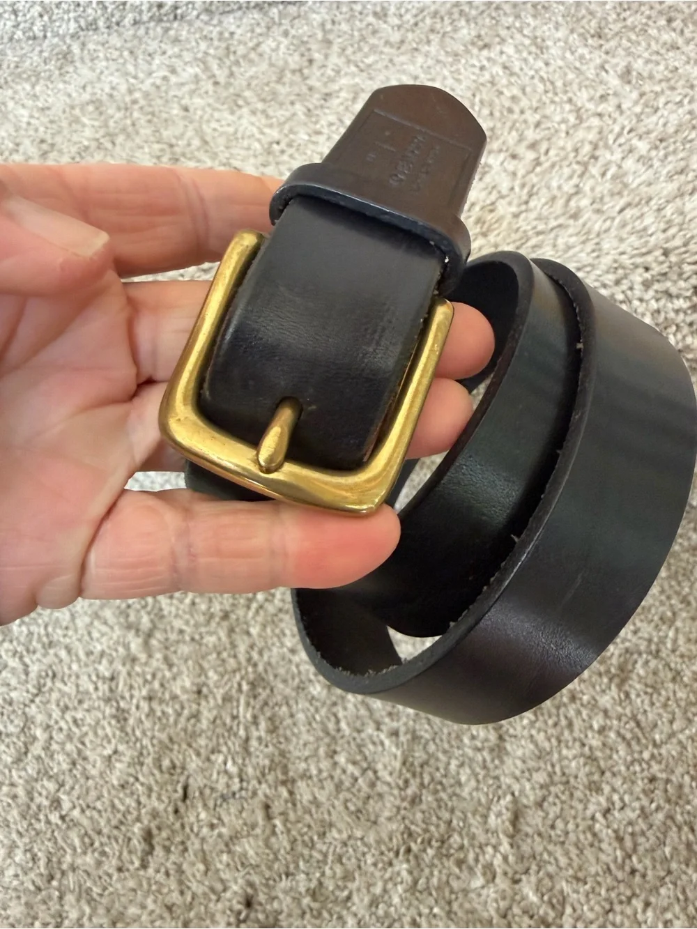 VTG POLO JEANS Black Leather Belt w Gold Brass Buckle. SZ L. Classic. Embossed